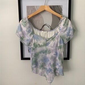 Tilly's Pastel Floral Puff-Sleeve Square Neck Blouse in Green & Blue